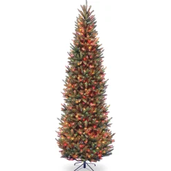 National Tree Company Slim^Pre-Lit Artificial Slim Christmas Tree, Green, Natural Fraser Fir, Multicolor Lights, Includes Stand, 9 Feet