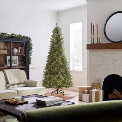 Slim-National Tree Company Pre-Lit Artificial Slim Christmas Tree, Green, Dunhill Fir, White Lights, Includes Stand, 7.5 Feet