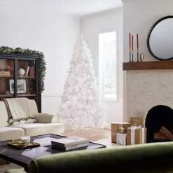 Full-National Tree Company Pre-Lit Artificial Slim Christmas Tree, White, North Valley Spruce, White Lights, Includes Stand, 7.5 Feet