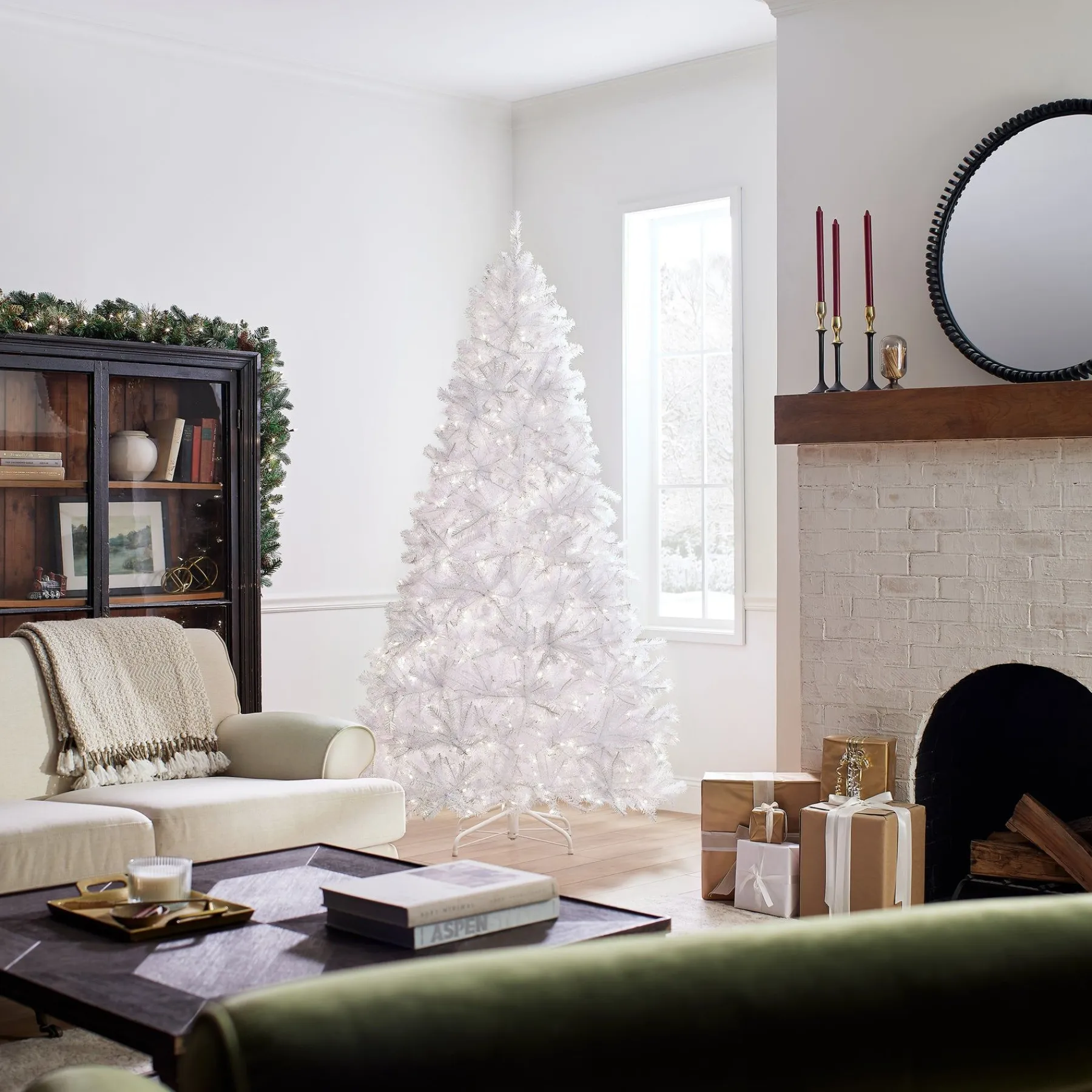 Full-National Tree Company Pre-Lit Artificial Slim Christmas Tree, White, North Valley Spruce, White Lights, Includes Stand, 7.5 Feet