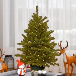 Under 5Ft-National Tree Company Pre-Lit 'Feel Real' Artificial Christmas Tree, Hampton Spruce, Green, White Lights, Includes Pot Base, 3 Feet