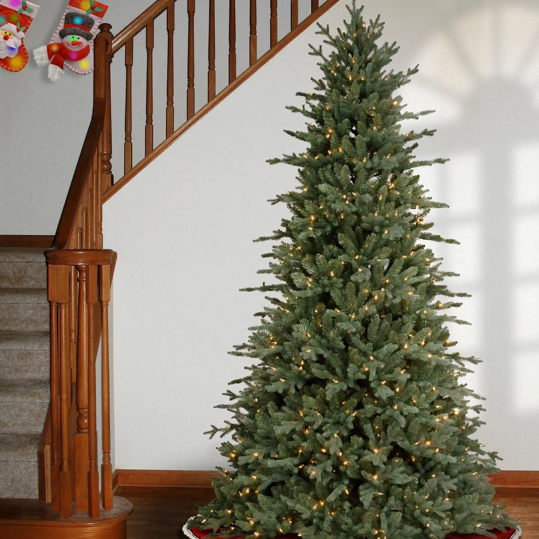 Full-National Tree Company Pre-Lit 'Feel Real' Artificial Christmas Tree, Buckingham Spruce, Blue, White Lights, Includes Stand, 7.5 Feet