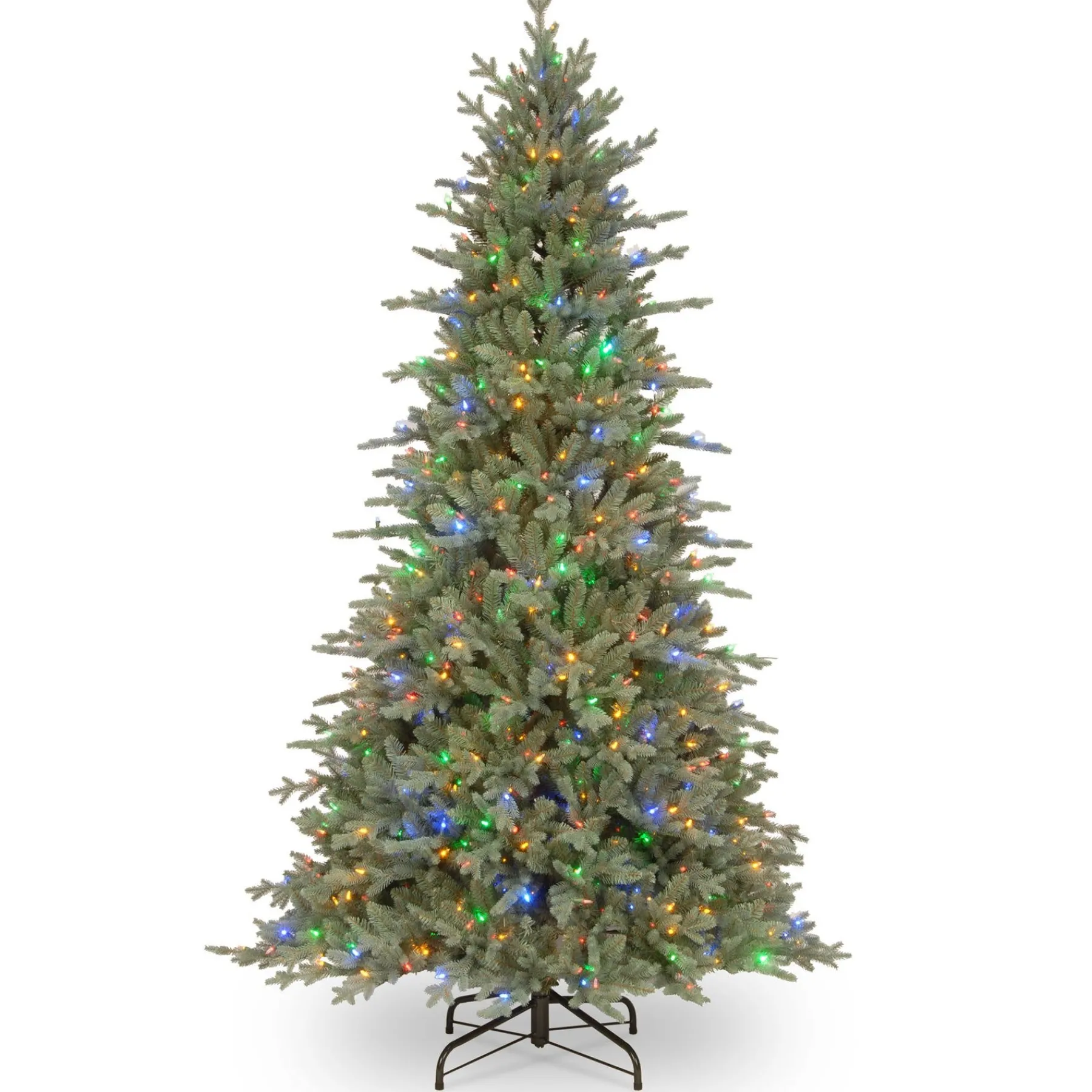 Full-National Tree Company Pre-Lit 'Feel Real' Artificial Christmas Tree, Buckingham Spruce, Blue, White Lights, Includes Stand, 7.5 Feet