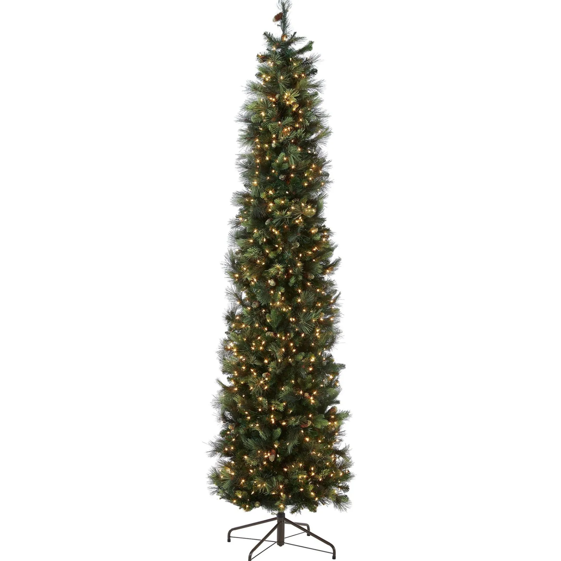 Clear-National Tree Company Pre-Lit 'Feel Real' Artificial Giant Christmas Tree, Green, Carolina Pine, White Lights, Flocked With Pine Cones, Includes Stand, 10 Feet