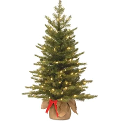 Led-National Tree Company Pre-Lit 'Feel Real' Artificial Mini Christmas Tree, Green, Nordic Spruce, White Lights, Includes Burlap Bag Base, 3 Feet