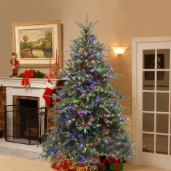 National Tree Company Full^Pre-Lit 'Feel Real' Artificial Christmas Tree, Ponderosa Fir, Blue, Dual Color Led Lights, Includes Stand, 7.5 Feet