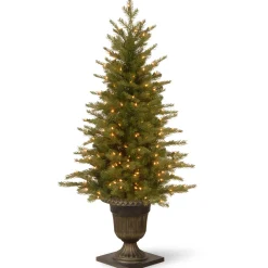 National Tree Company Slim^Pre-Lit 'Feel Real' Artificial Mini Entrance Christmas Tree, Green, Nordic Spruce, White Lights, Includes Decorative Urn Base, 4 Feet