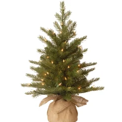 National Tree Company Full^Pre-Lit 'Feel Real' Artificial Mini Christmas Tree, Green, Nordic Spruce, White Lights, Includes Burlap Bag Base, 2 Feet
