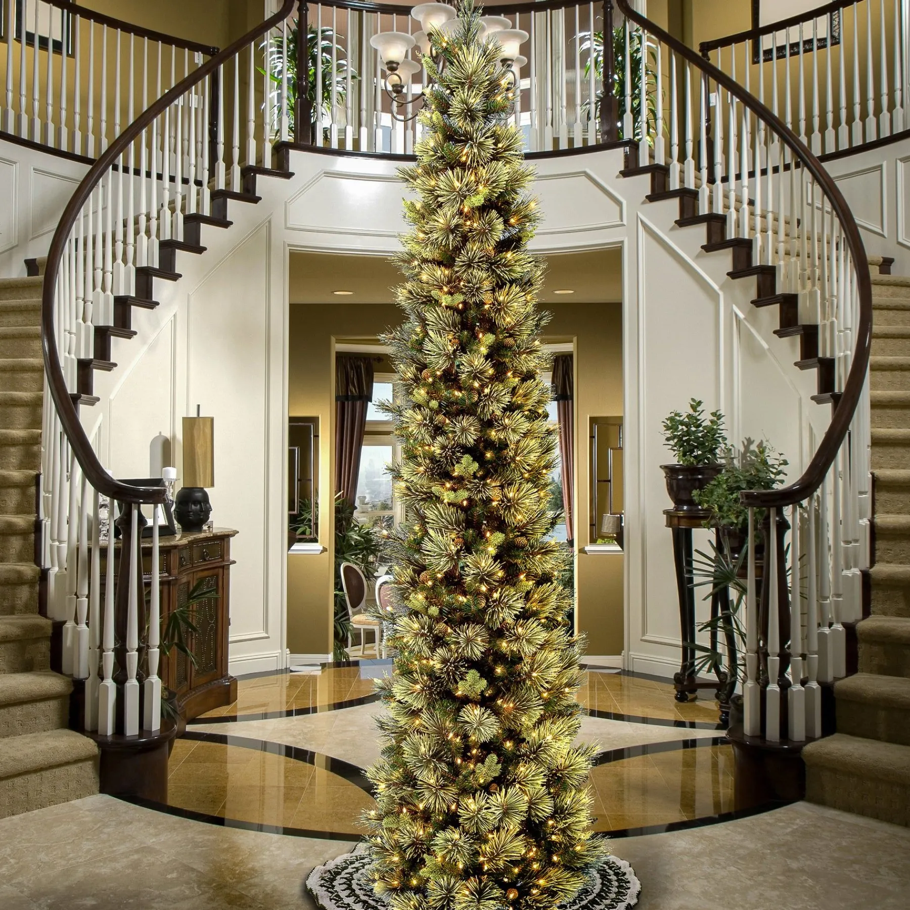 Slim-National Tree Company Pre-Lit 'Feel Real' Artificial Giant Christmas Tree, Green, Carolina Pine, White Lights, Flocked With Pine Cones, Includes Stand, 10 Feet