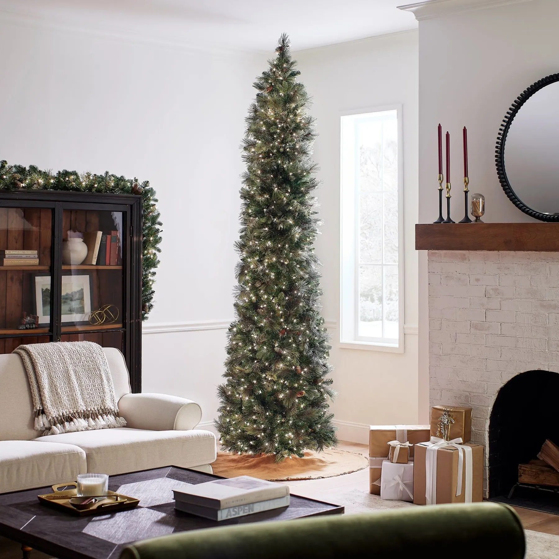 Slim-National Tree Company Pre-Lit 'Feel Real' Artificial Giant Christmas Tree, Green, Carolina Pine, White Lights, Flocked With Pine Cones, Includes Stand, 10 Feet