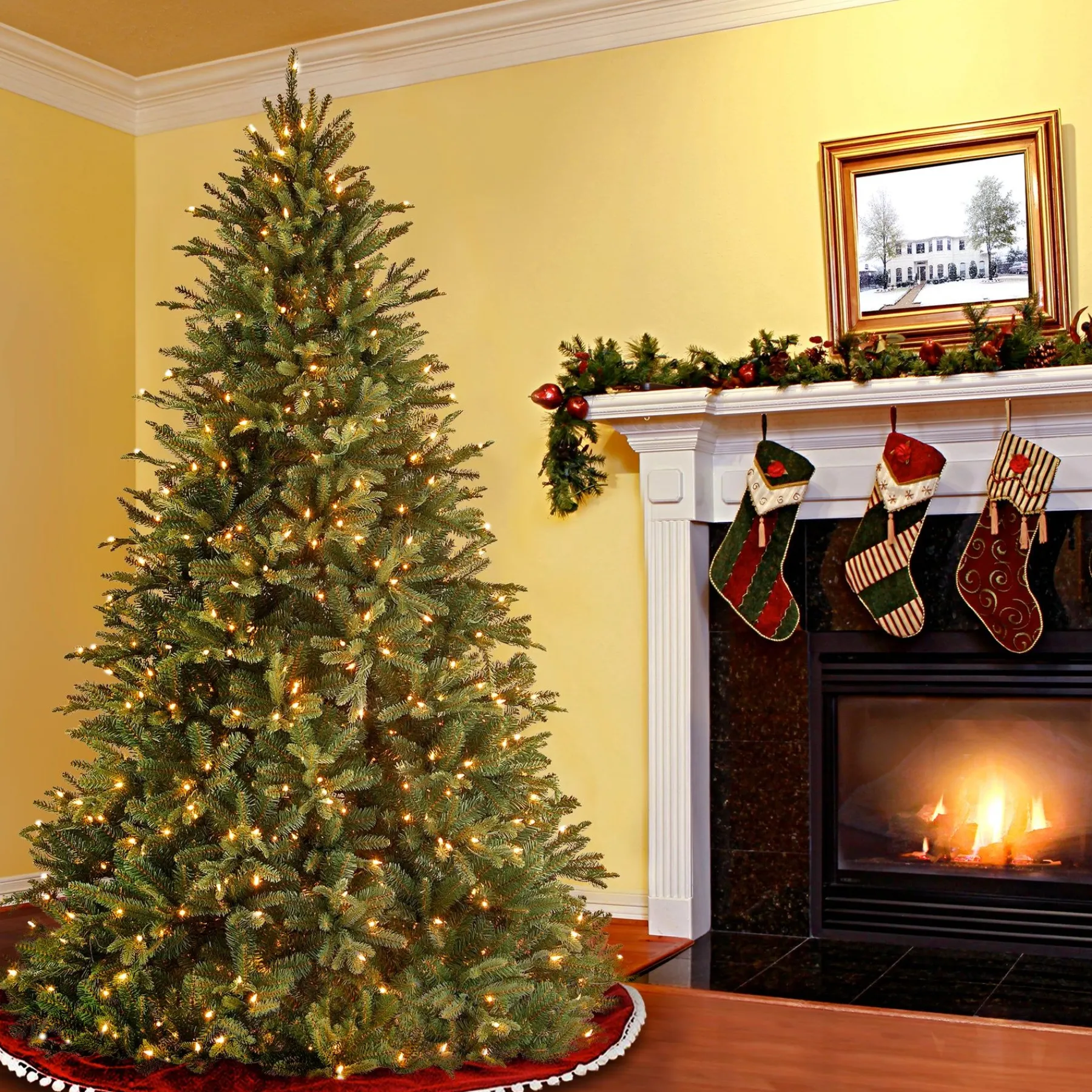 7Ft - 9Ft-National Tree Company Pre-Lit 'Feel Real' Artificial Medium Christmas Tree, Gren, Tiffany Fir, White Lights, Includes Stand, 7.5 Feet