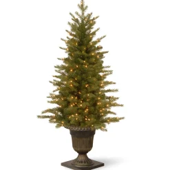 Slim-National Tree Company Pre-Lit 'Feel Real' Artificial Mini Entrance Christmas Tree, Green, Nordic Spruce, White Lights, Includes Decorative Urn Base, 4 Feet