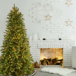 National Tree Company Slim^Pre-Lit 'Feel Real' Artificial Slim Christmas Tree, Green, Tiffany Fir, White Lights, Includes Stand, 7 Feet