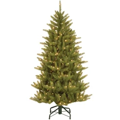 Clear-National Tree Company Pre-Lit 'Feel Real' Artificial Slim Christmas Tree, Green, Natural Fraser Fir, White Lights, Includes Stand, 4.5 Feet