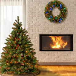 Full-National Tree Company Pre-Lit 'Feel Real' Artificial Full Downswept Christmas Tree, Green, Douglas Fir, Multicolor Lights, Includes Stand, 4.5 Feet