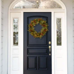 21" To 24" Wreath-National Tree Company Pre-Lit 'Feel Real' Artificial Christmas Wreath, Green, Classical, White Lights, Decorated With Berry Clusters, Christmas Collection, 24 Inches