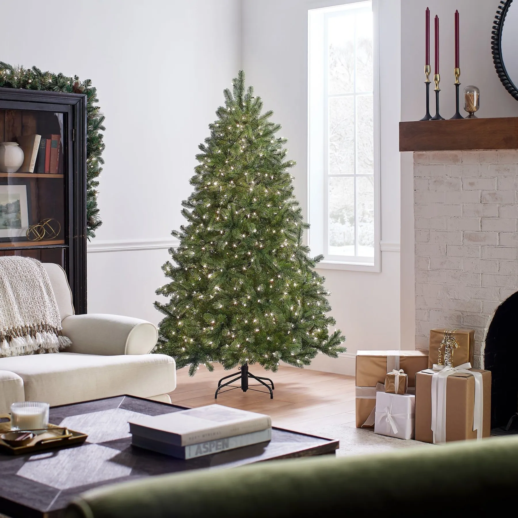 5Ft - 6Ft-National Tree Company Pre-Lit 'Feel Real' Artificial Full Downswept Christmas Tree, Green, Douglas Fir, White Lights, Includes Stand, 6 Feet