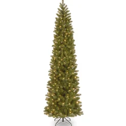Slim-National Tree Company Pre-Lit 'Feel Real' Artificial Slim Downswept Christmas Tree, Green, Douglas Fir, White Lights, Includes Stand, 9 Feet