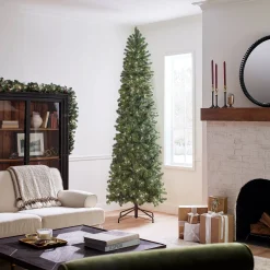Slim-National Tree Company Pre-Lit 'Feel Real' Artificial Slim Downswept Christmas Tree, Green, Douglas Fir, White Lights, Includes Stand, 9 Feet