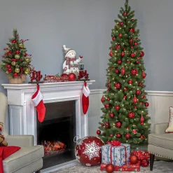 Slim-National Tree Company Pre-Lit 'Feel Real' Artificial Slim Downswept Christmas Tree, Green, Douglas Fir, White Lights, Includes Stand, 9 Feet