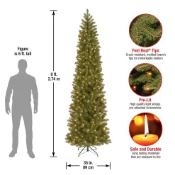 Slim-National Tree Company Pre-Lit 'Feel Real' Artificial Slim Downswept Christmas Tree, Green, Douglas Fir, White Lights, Includes Stand, 9 Feet