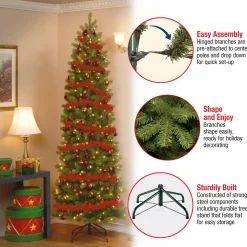 Slim-National Tree Company Pre-Lit 'Feel Real' Artificial Slim Downswept Christmas Tree, Green, Douglas Fir, White Lights, Includes Stand, 9 Feet