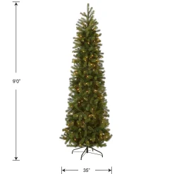 Slim-National Tree Company Pre-Lit 'Feel Real' Artificial Slim Downswept Christmas Tree, Green, Douglas Fir, White Lights, Includes Stand, 9 Feet