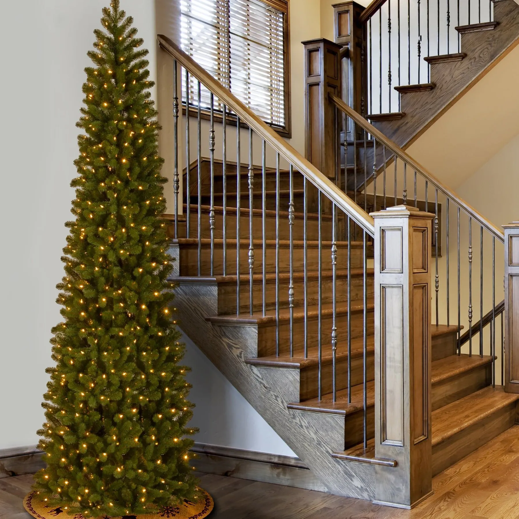 Slim-National Tree Company Pre-Lit 'Feel Real' Artificial Giant Slim Downswept Christmas Tree, Green, Douglas Fir, Dual Color Led Lights, Includes Stand, 12 Feet