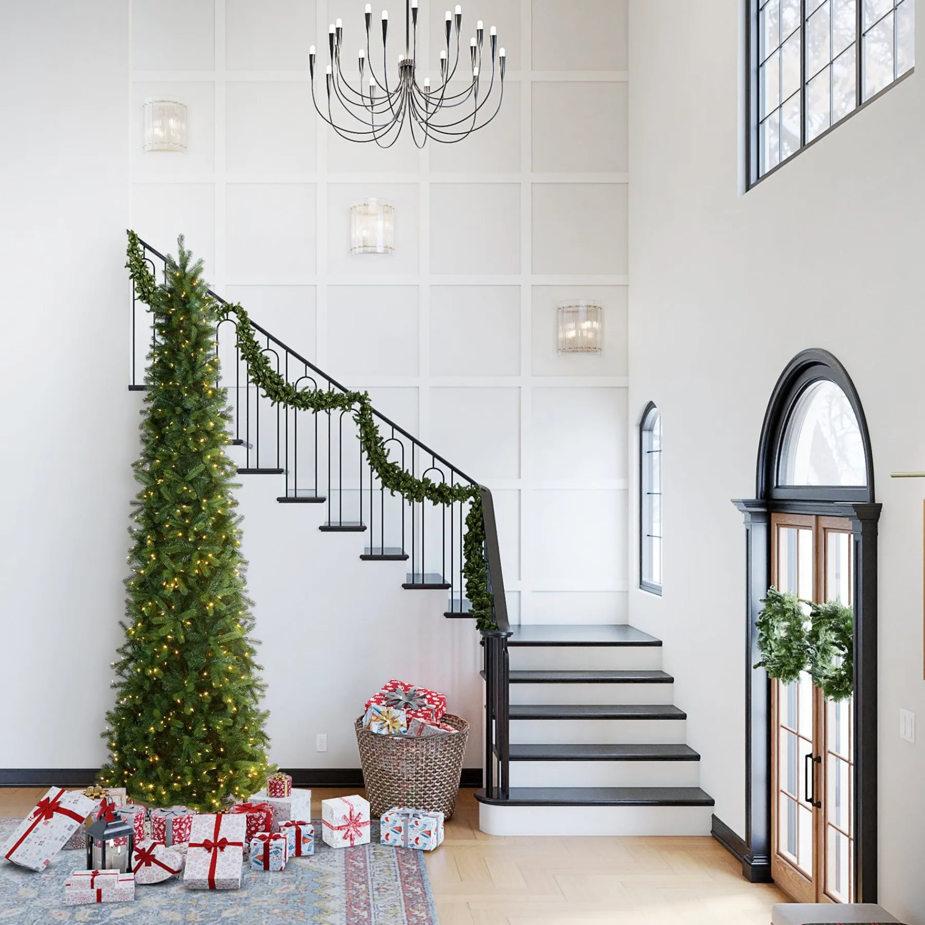 Slim-National Tree Company Pre-Lit 'Feel Real' Artificial Giant Slim Downswept Christmas Tree, Green, Douglas Fir, Dual Color Led Lights, Includes Stand, 12 Feet