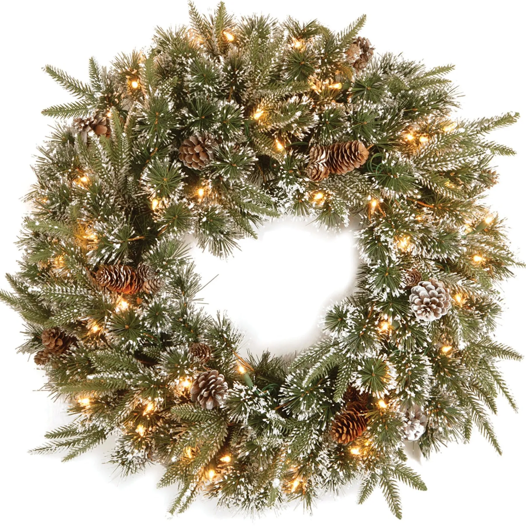 21" To 24" Wreath-National Tree Company Pre-Lit 'Feel Real' Artificial Christmas Wreath, Green, Liberty Pine, White Lights, Decorated With Frosted Branches, Pine Cones, Christmas Collection, 24 Inches