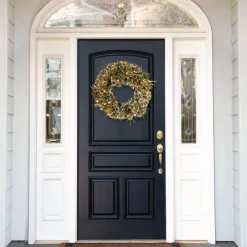 21" To 24" Wreath-National Tree Company Pre-Lit 'Feel Real' Artificial Christmas Wreath, Green, Liberty Pine, White Lights, Decorated With Frosted Branches, Pine Cones, Christmas Collection, 24 Inches