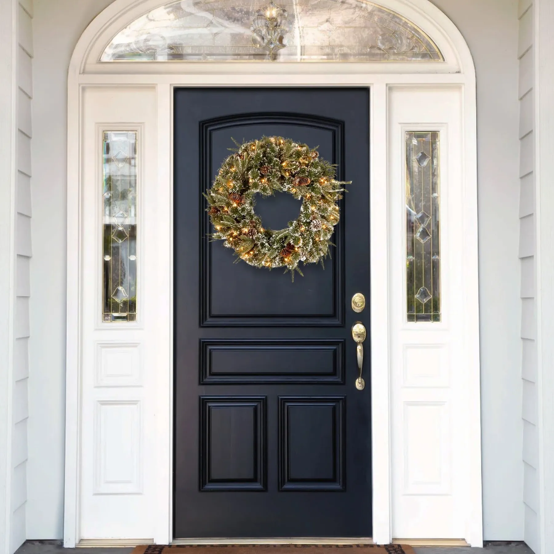 21" To 24" Wreath-National Tree Company Pre-Lit 'Feel Real' Artificial Christmas Wreath, Green, Liberty Pine, White Lights, Decorated With Frosted Branches, Pine Cones, Christmas Collection, 24 Inches