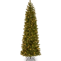 Slim-National Tree Company Pre-Lit 'Feel Real' Artificial Slim Downswept Christmas Tree, Green, Douglas Fir, White Lights, Includes Stand, 6.5 Feet