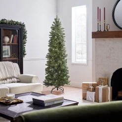 Slim-National Tree Company Pre-Lit 'Feel Real' Artificial Slim Downswept Christmas Tree, Green, Douglas Fir, White Lights, Includes Stand, 6.5 Feet