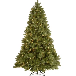 Full-National Tree Company Pre-Lit 'Feel Real' Artificial Full Downswept Christmas Tree, Green, Douglas Fir, White Lights, Includes Stand, 7.5 Feet