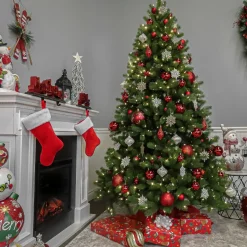 Full-National Tree Company Pre-Lit 'Feel Real' Artificial Full Downswept Christmas Tree, Green, Douglas Fir, White Lights, Includes Stand, 7.5 Feet