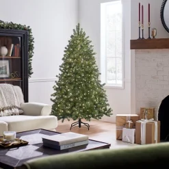 Full-National Tree Company Pre-Lit 'Feel Real' Artificial Full Downswept Christmas Tree, Green, Douglas Fir, White Lights, Includes Stand, 6 Feet