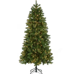 5Ft - 6Ft-National Tree Company Pre-Lit 'Feel Real' Artificial Slim Downswept Christmas Tree, Green, Douglas Fir, White Lights, Includes Stand, 6.5 Feet