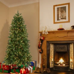 5Ft - 6Ft-National Tree Company Pre-Lit 'Feel Real' Artificial Slim Downswept Christmas Tree, Green, Douglas Fir, White Lights, Includes Stand, 6.5 Feet