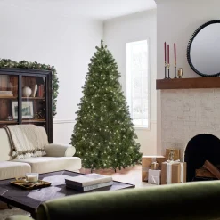 Clear-National Tree Company Pre-Lit 'Feel Real' Artificial Full Downswept Christmas Tree, Green, Douglas Fir, White Lights, Includes Stand, 7.5 Feet