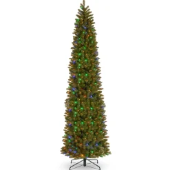10Ft And Taller-National Tree Company Pre-Lit 'Feel Real' Artificial Giant Slim Downswept Christmas Tree, Green, Douglas Fir, Dual Color Led Lights, Includes Stand, 12 Feet