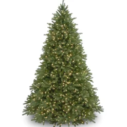 Full-National Tree Company Pre-Lit Full Artificial Christmas Tree, Green, Jersey Fraser Fir, 'Feel Real', White Lights, Includes Stand, 6.5 Feet