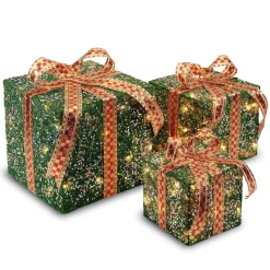 Christmas Accessories-National Tree Company Pre-Lit Green And Gold Gift Boxes, Set Of Three, White Lights, Christmas Collection