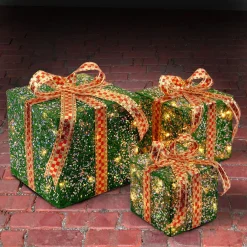 Christmas Accessories-National Tree Company Pre-Lit Green And Gold Gift Boxes, Set Of Three, White Lights, Christmas Collection