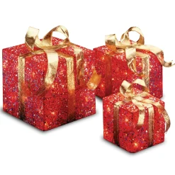 Christmas Accessories-National Tree Company Pre-Lit Red And Gold Gift Boxes, Set Of Three, White Lights, Christmas Collection
