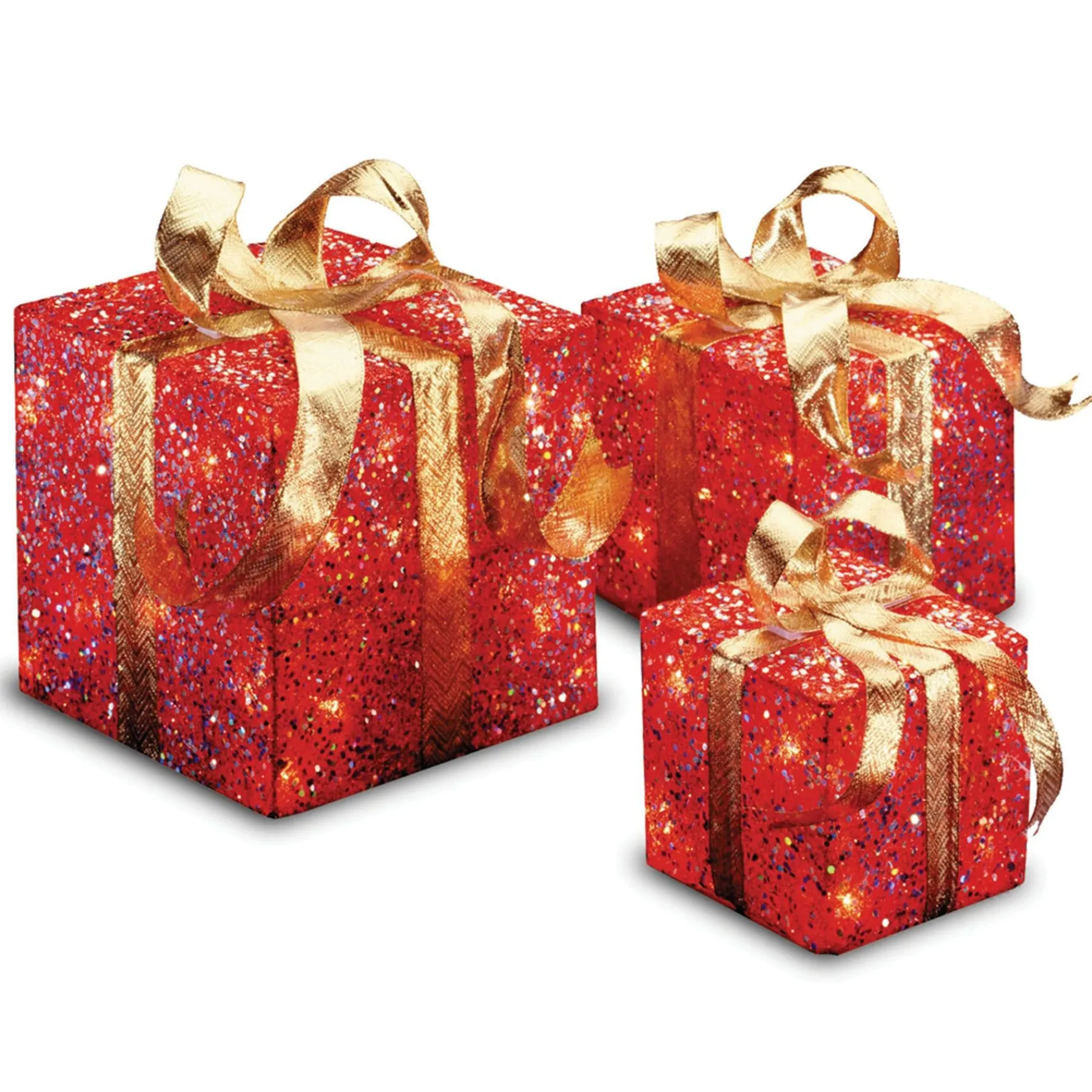 Christmas Accessories-National Tree Company Pre-Lit Red And Gold Gift Boxes, Set Of Three, White Lights, Christmas Collection