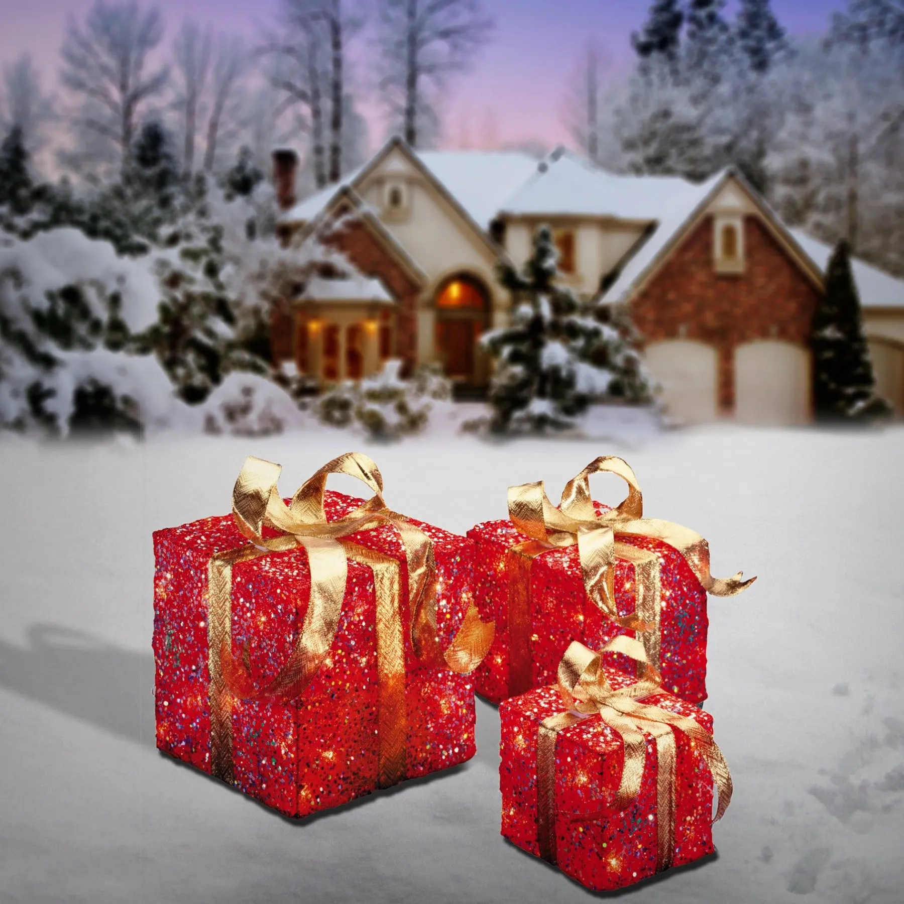 Christmas Accessories-National Tree Company Pre-Lit Red And Gold Gift Boxes, Set Of Three, White Lights, Christmas Collection