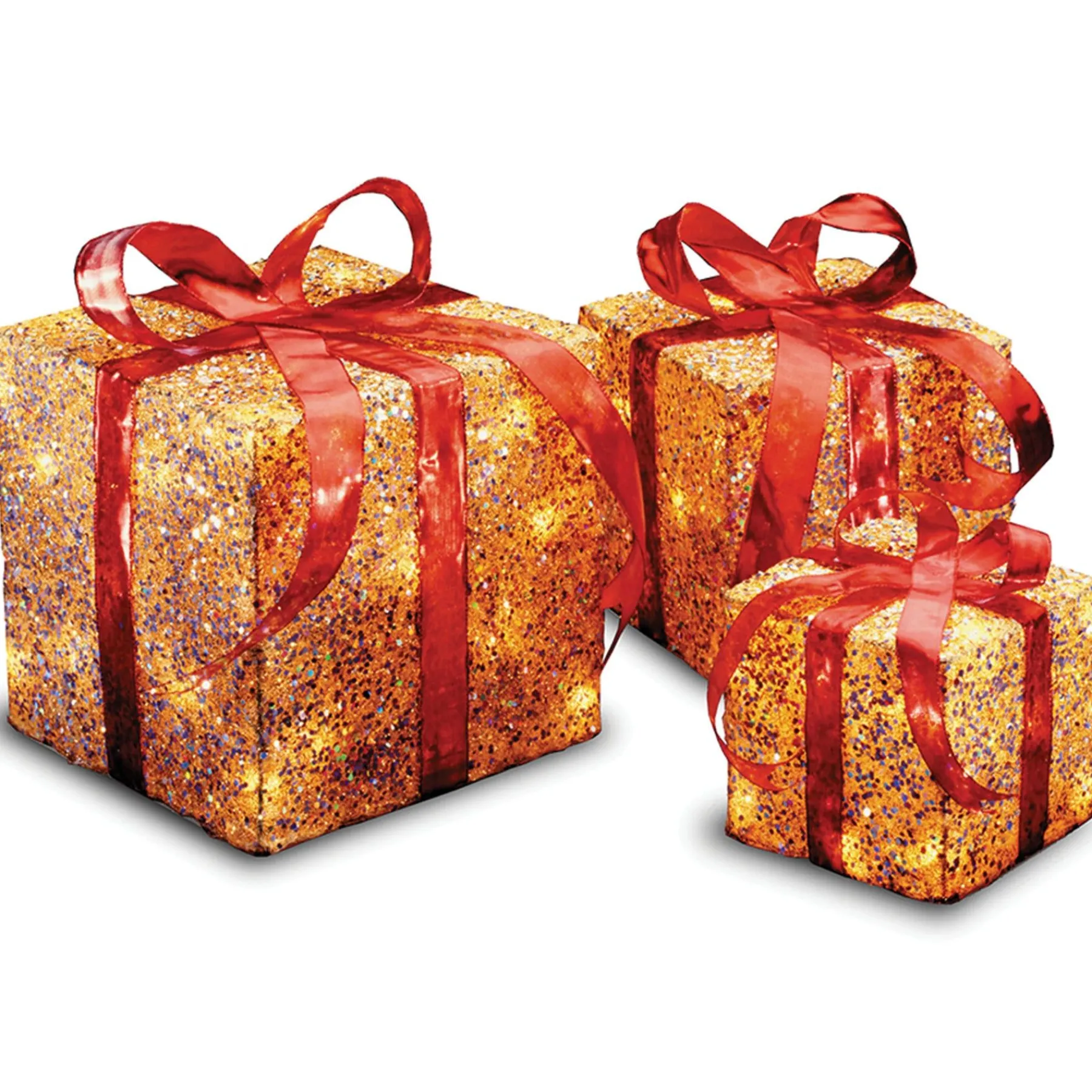 Christmas Outdoor Accessories-National Tree Company Pre-Lit Red And Gold Gift Boxes, Set Of Three, White Lights, Christmas Collection