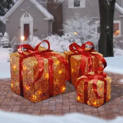 Christmas Outdoor Accessories-National Tree Company Pre-Lit Red And Gold Gift Boxes, Set Of Three, White Lights, Christmas Collection