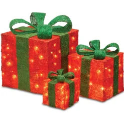 Christmas Accessories-National Tree Company Pre-Lit Red Gift Boxes, Set Of Three, White Lights, Christmas Collection